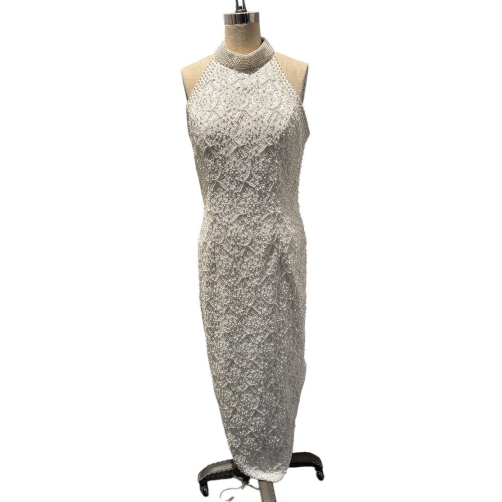 David's Bridal Ivory Beaded Halter Sheath Wedding Dress